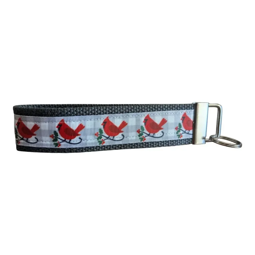 Cardinal Plaid Keychain Wristlet Handmade Key FOB Gray Winter Scene Bird Present